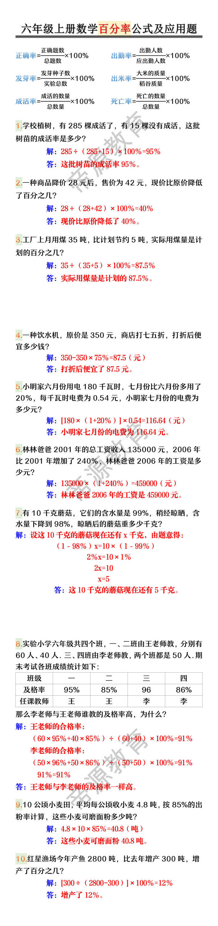 六年级上册数学百分率公式及应用题 六年级上册数学百分率公式及应用题