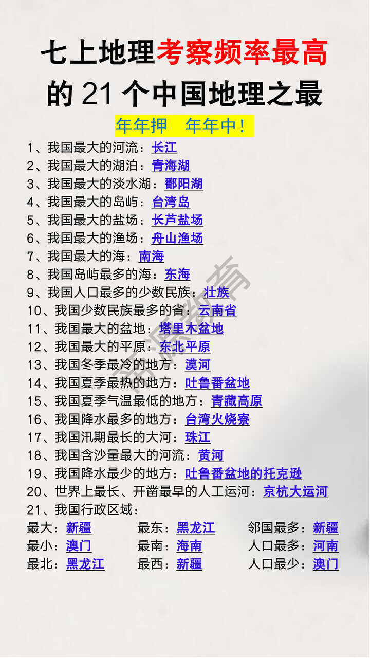 七上地理考察频率最高的21个中国地理之最 七上地理考察频率最高的21个中国地理之最