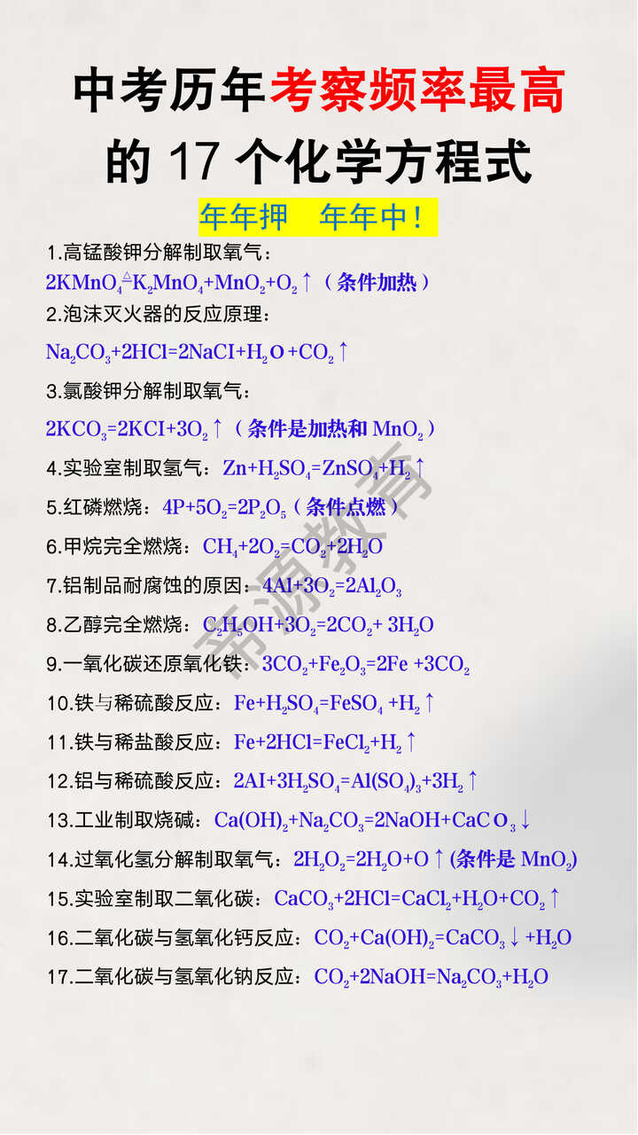 中考历年考察频率最高的17个化学方程式 中考历年考察频率最高的17个化学方程式
