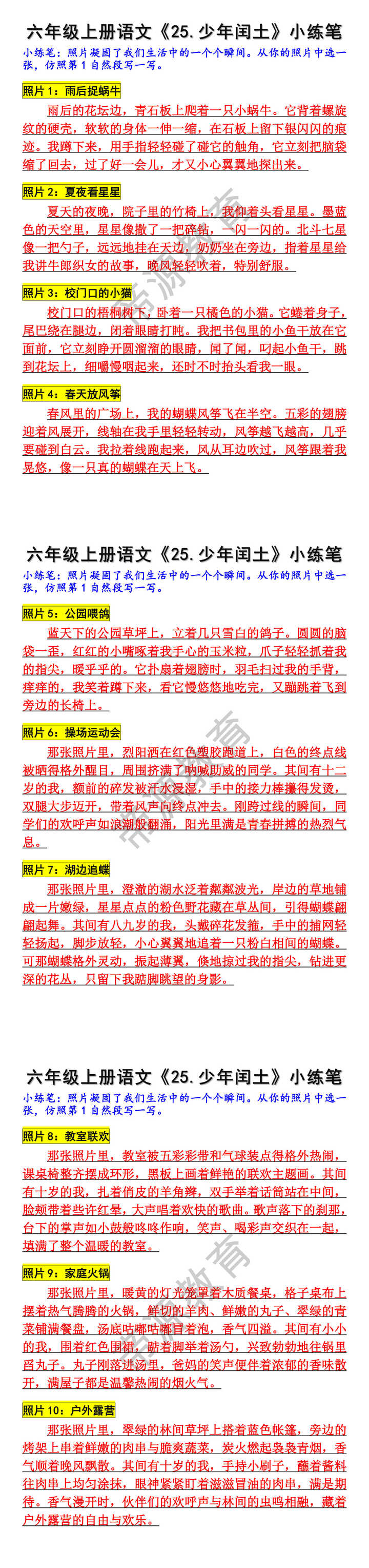 六年级上册语文25课少年闰土小练笔范例 六年级上册语文25课少年闰土小练笔范例
