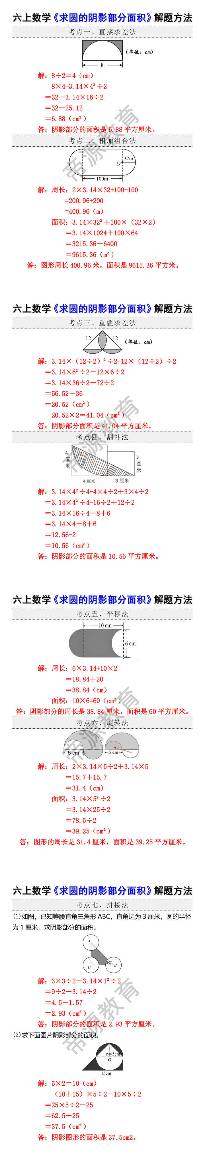 六上数学求圆的阴影部分面积解题方法