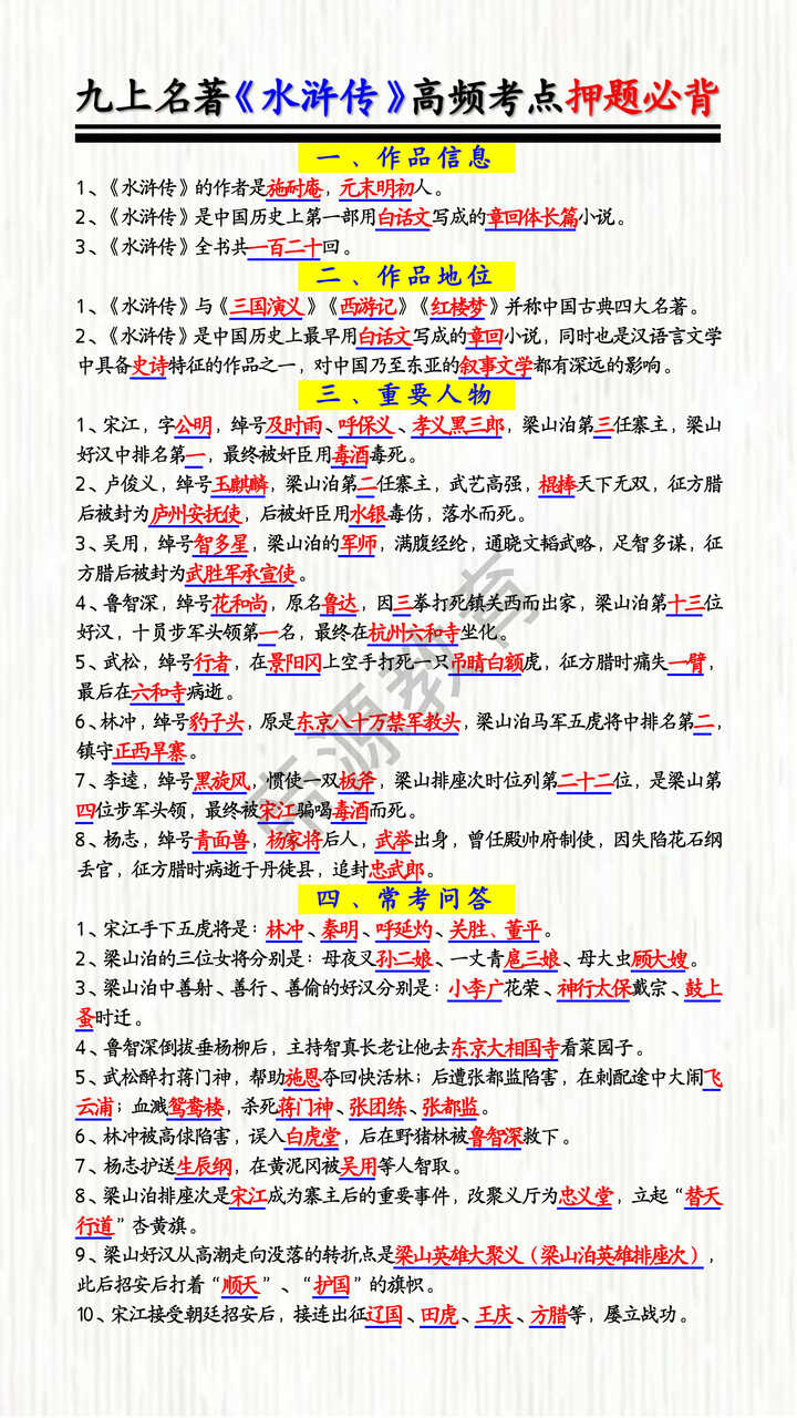 九上名著《水浒传》高频考点押题必背