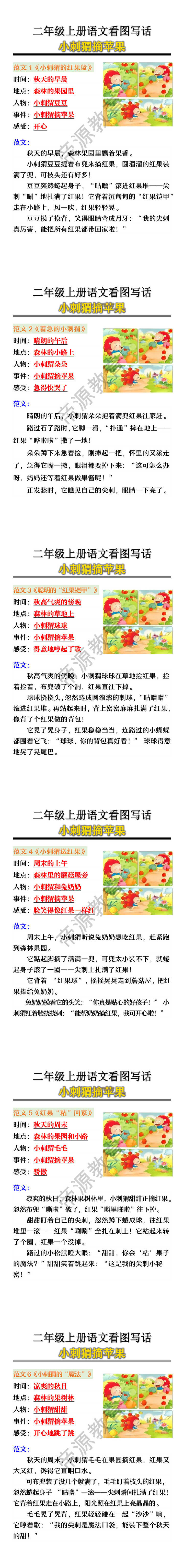 二年级上册语文看图写话《小刺猬摘苹果》范文