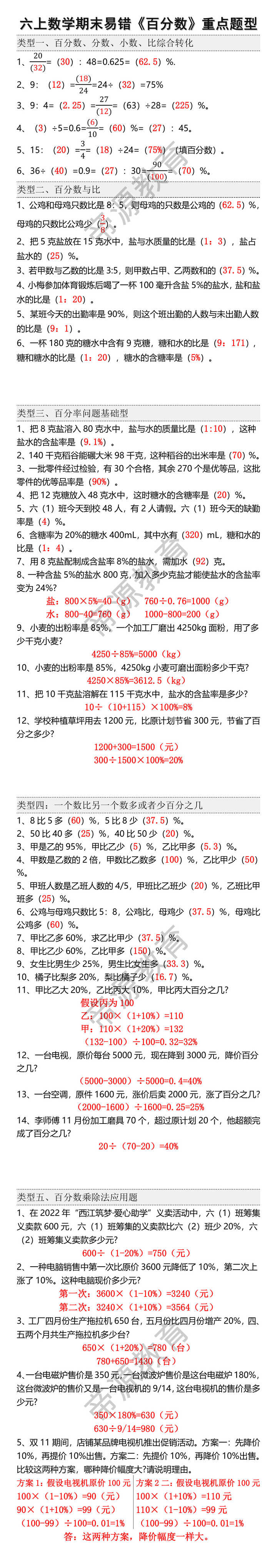 六年级上册数学期末易错百分数重点题型