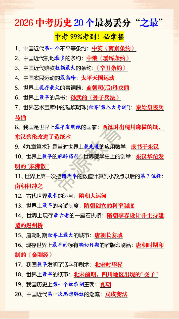 2026中考历史20个最易丢分“之最”