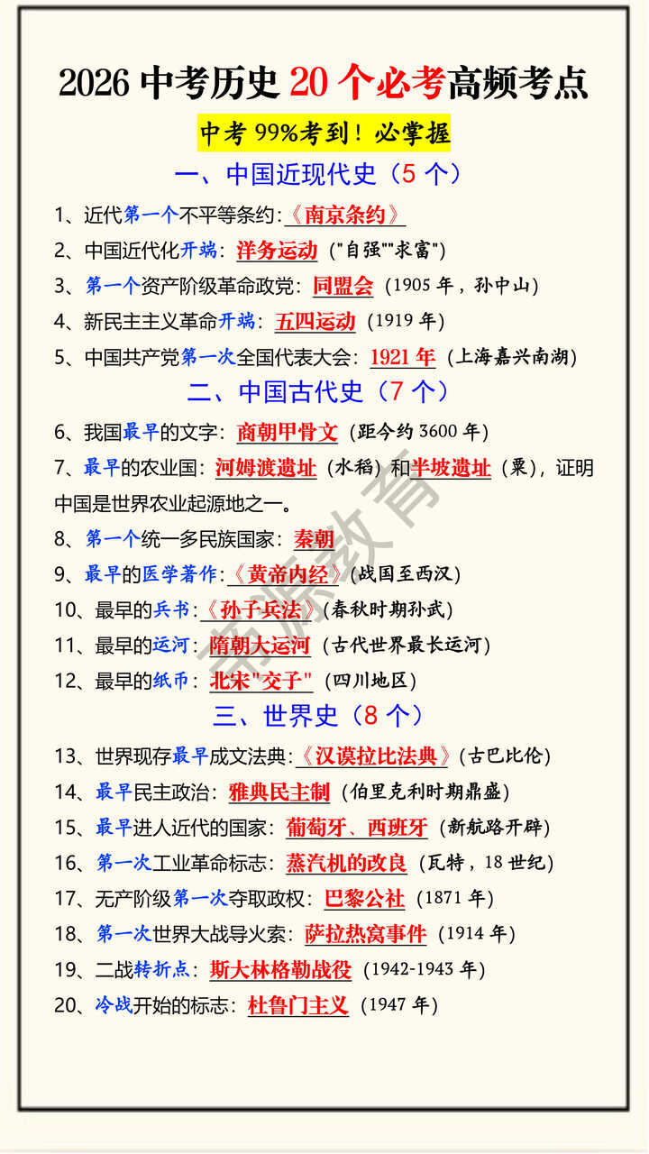 2026中考历史20个必考高频考点