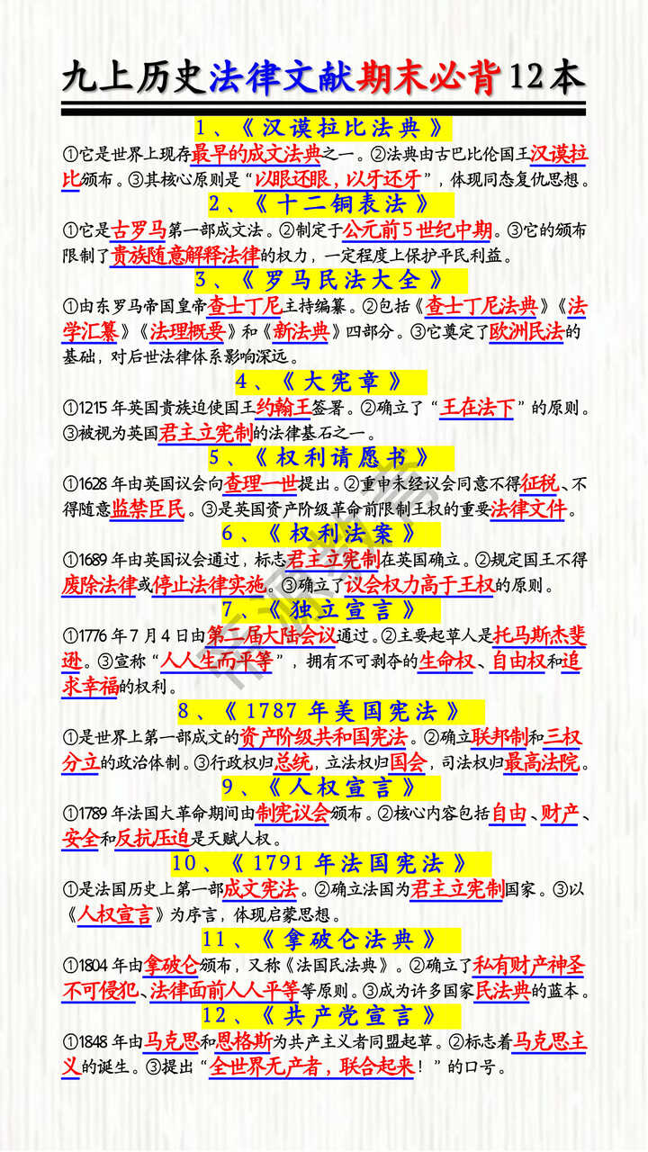 九上历史法律文献期末必背12本