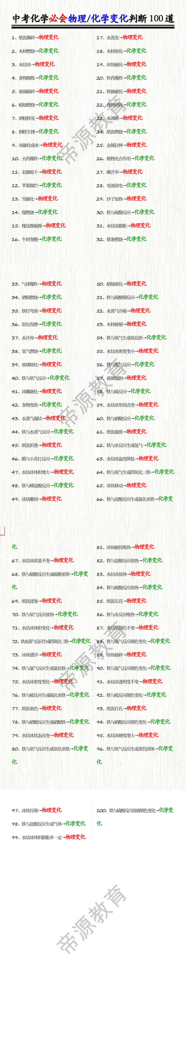中考化学必会物理/化学变化判断100道