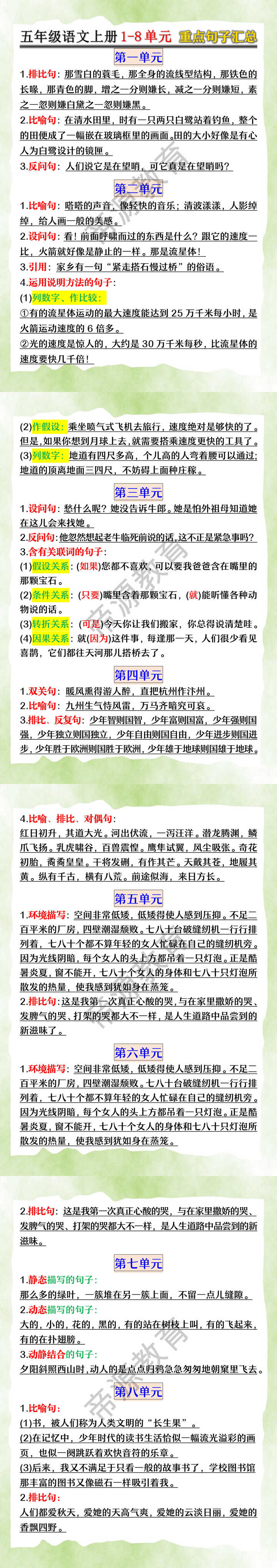五年级语文上册1-8单元重点句子汇总