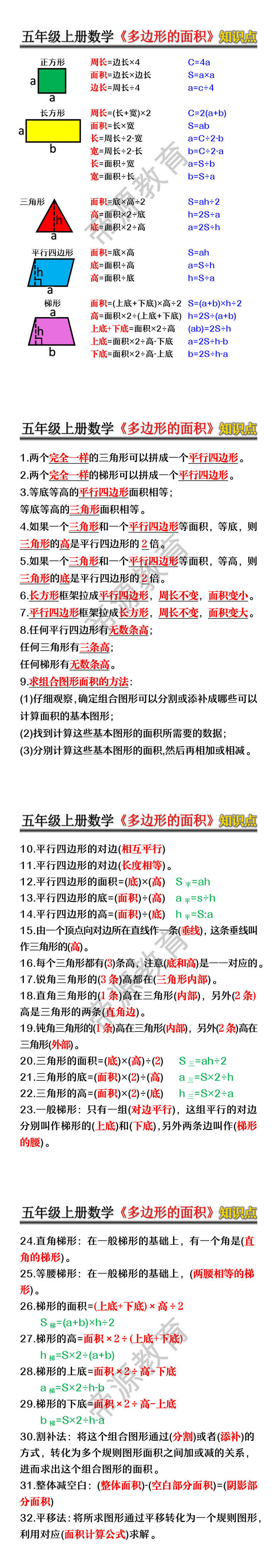五年级上册数学《多边形的面积》知识点 五年级上册数学《多边形的面积》知识点