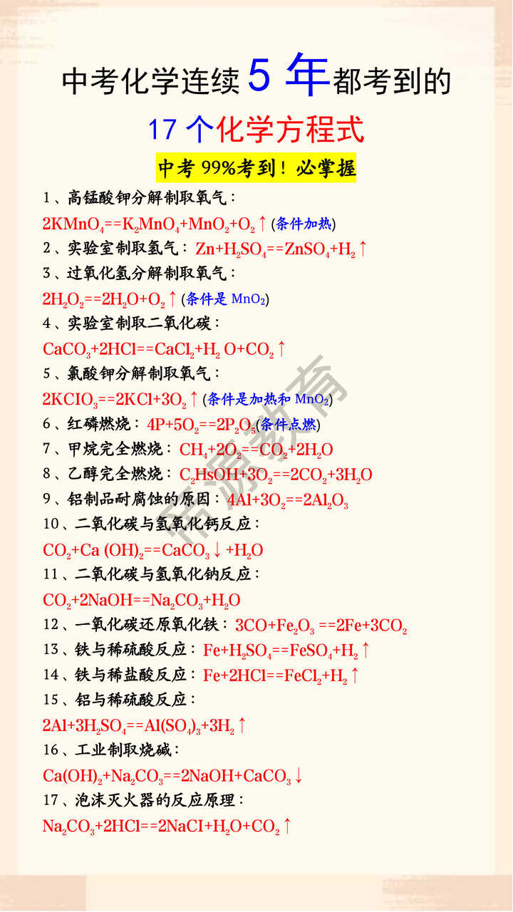 中考化学连续5年都考到的17个化学方程式
