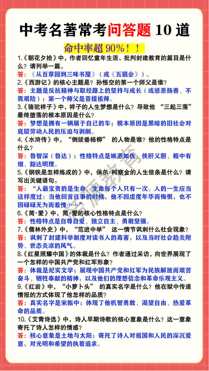 中考名著常考问答题10道