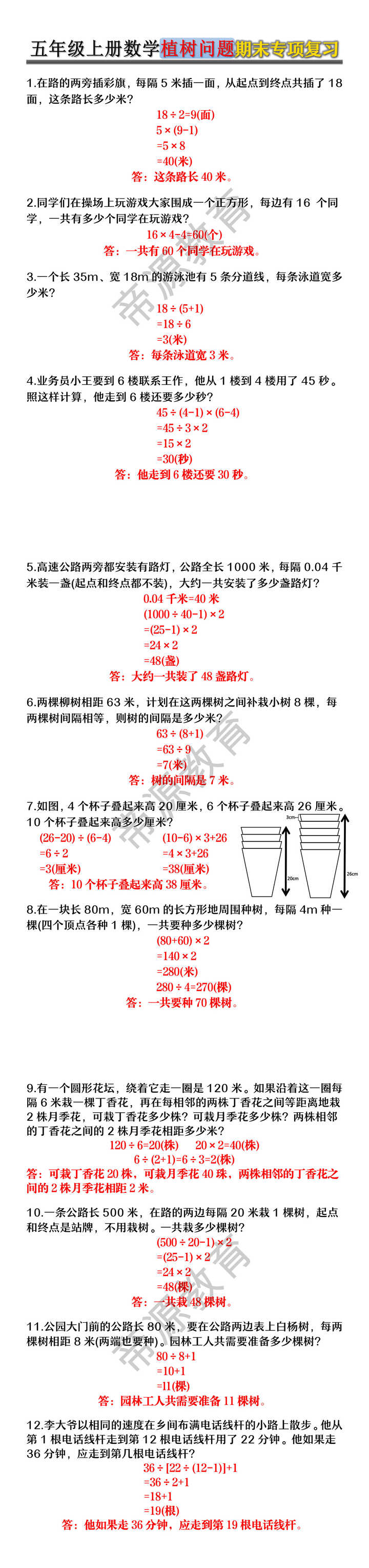五年级上册数学植树问题期末专项复习 五年级上册数学植树问题期末专项复习