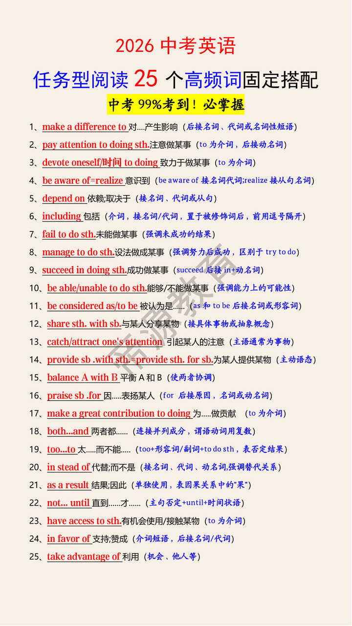 2026中考英语任务型阅读25个高频词固定搭配
