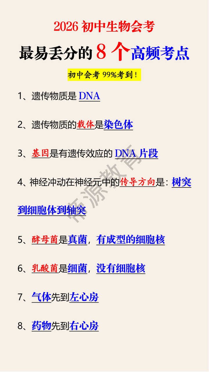 2026初中生物会考最易丢分的8个高频考点