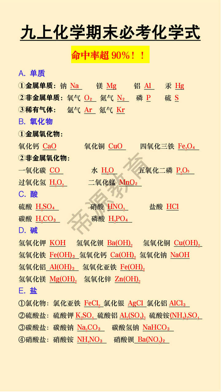九年级上册化学期末必考化学式