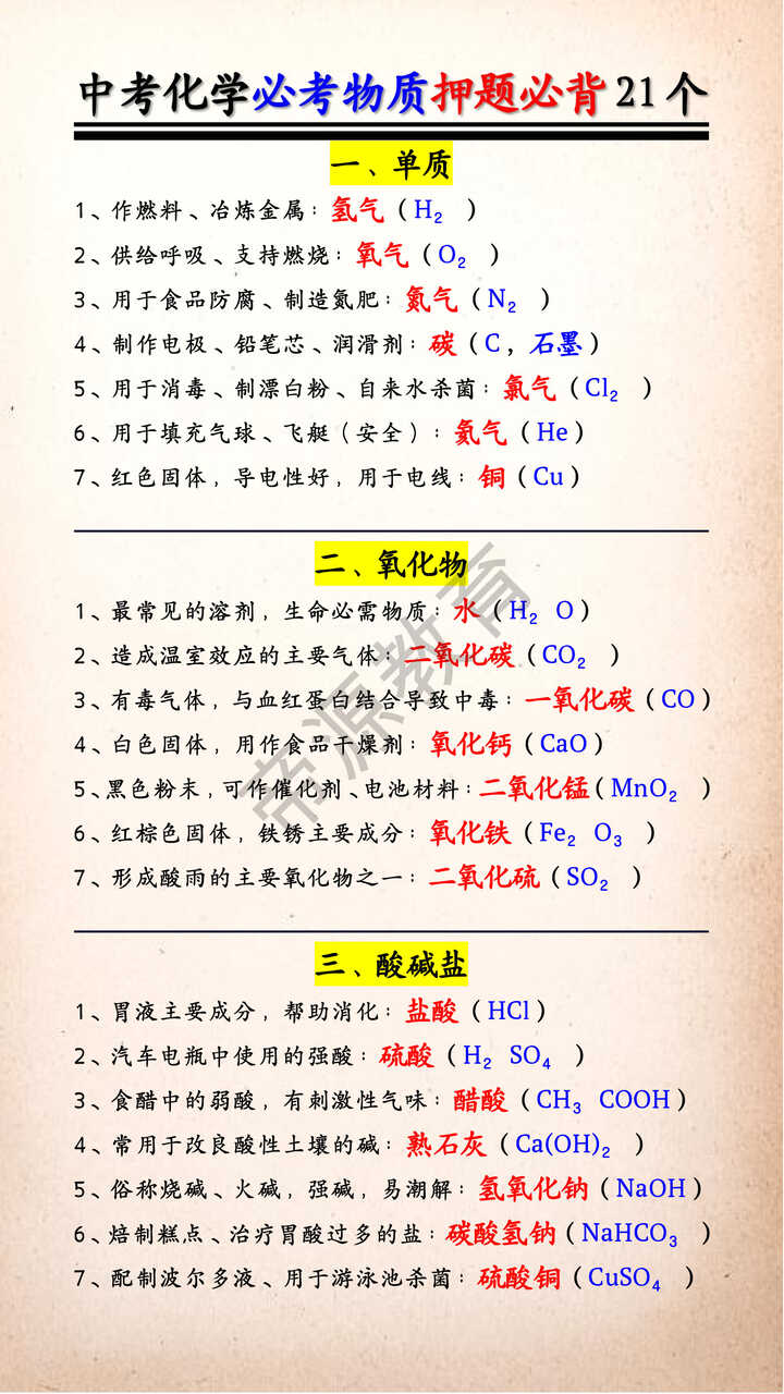 中考化学必考物质押题必背21个