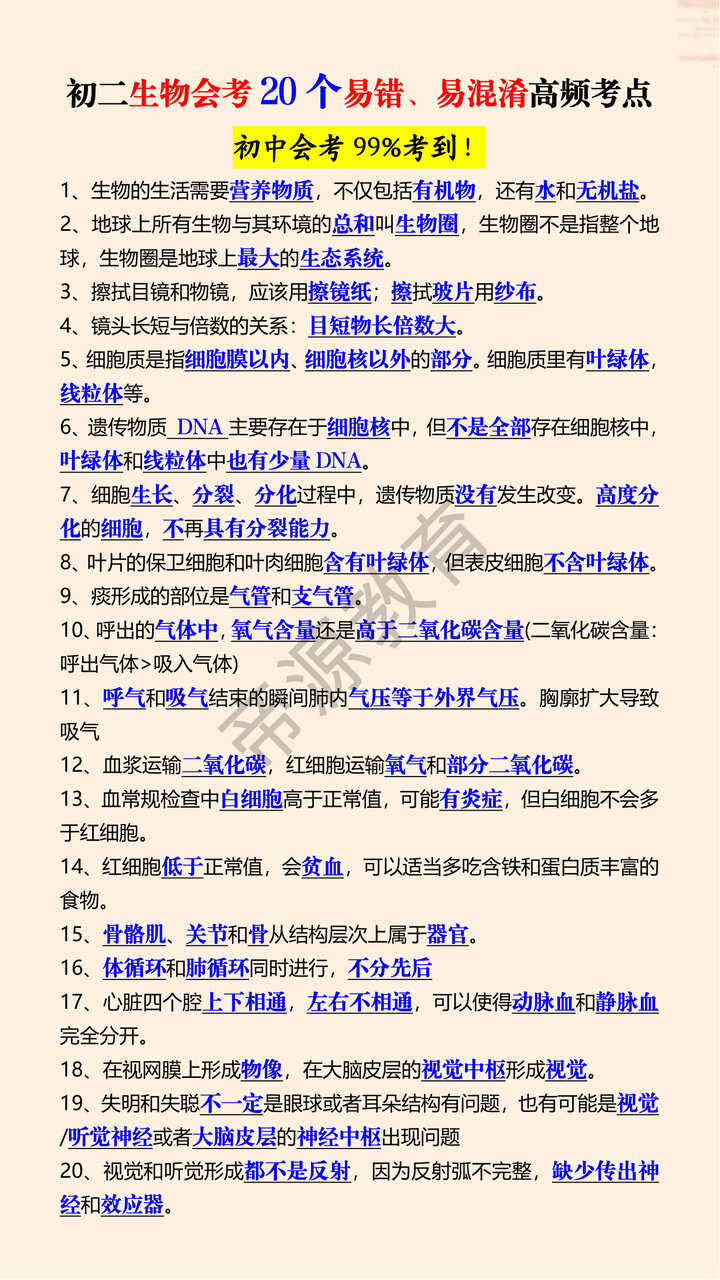 初二生物会考20个易错、易混淆高频考点