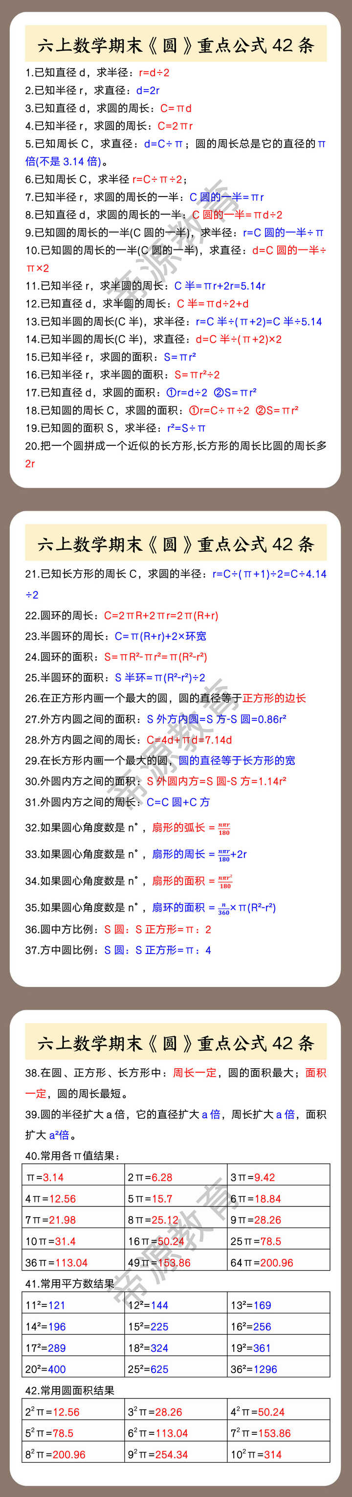 六上数学期末《圆》重点公式42条