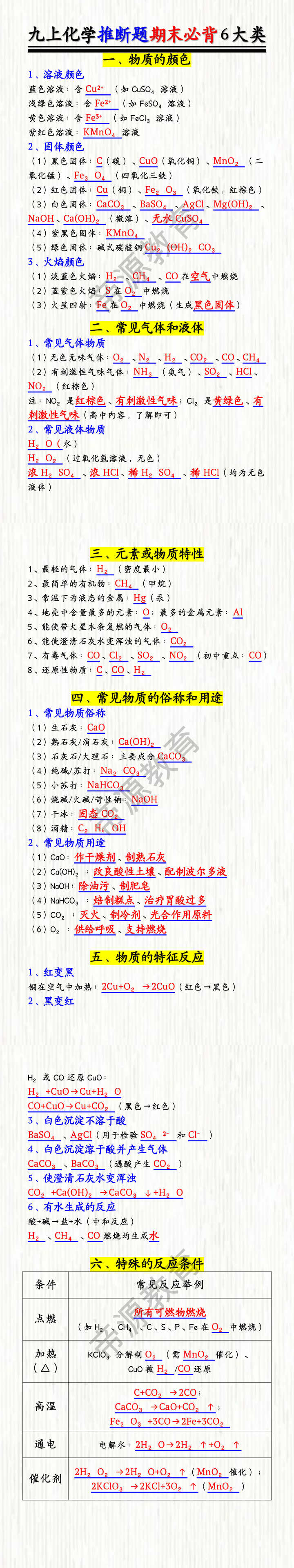 九上化学推断题期末必背6大类