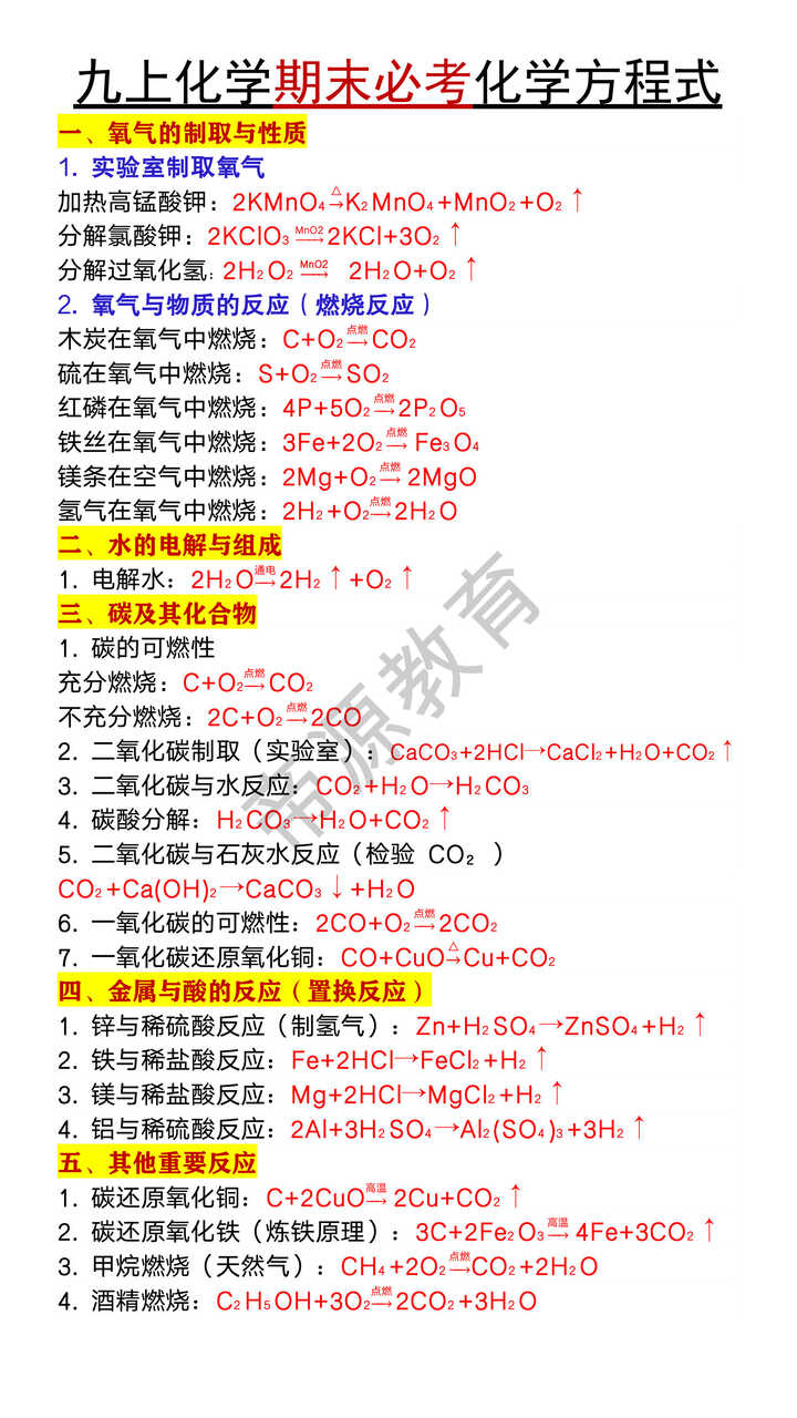 九年级上册化学期末常考化学方程式汇总
