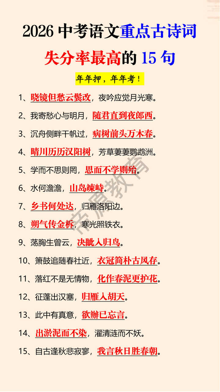 2026中考语文重点古诗词失分率最高的15句