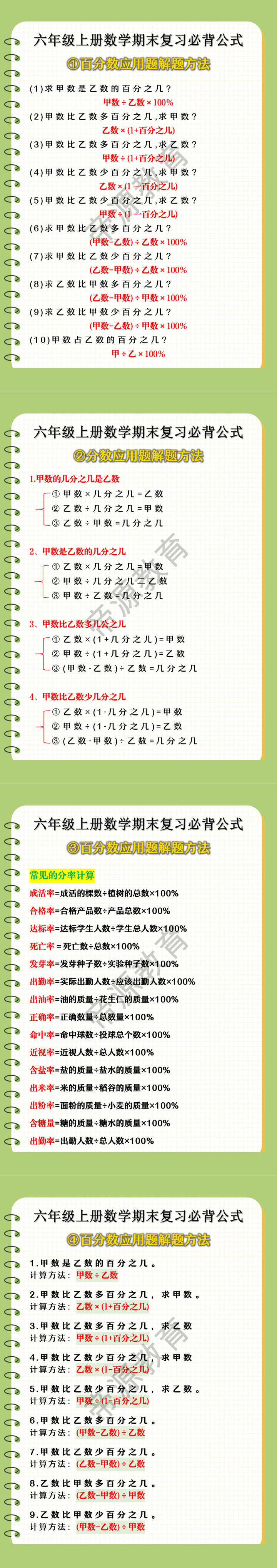 六年级上册数学期末复习必背公式
