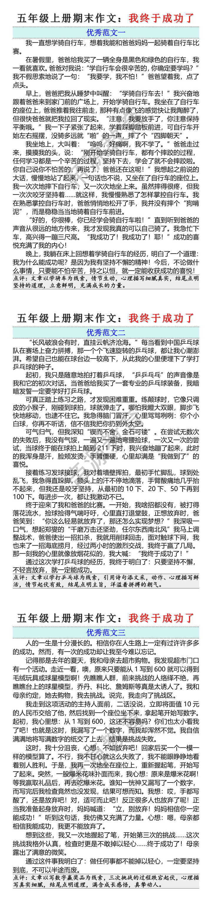 五年级上册期末作文：我终于成功了
