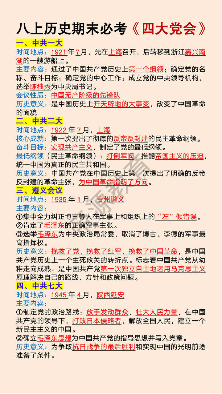 八年级上册历史期末必考《四大党会》考点梳理