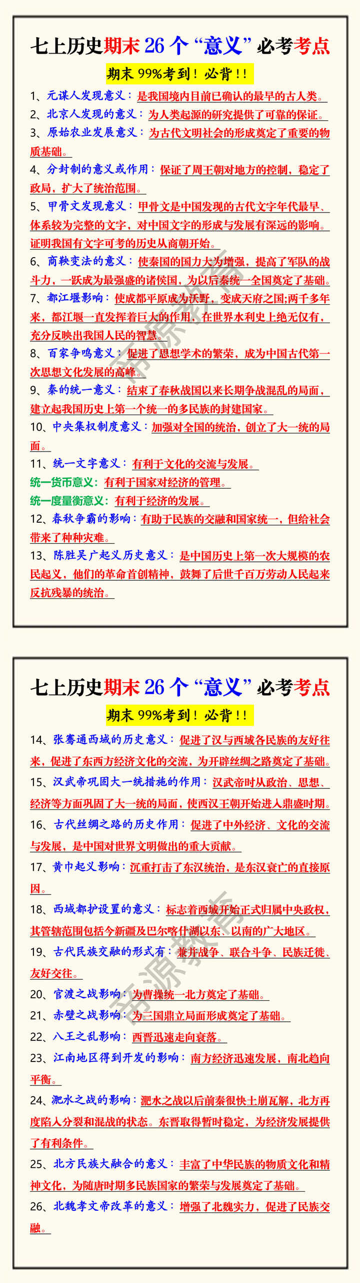 七上历史期末26个“意义”必考考点