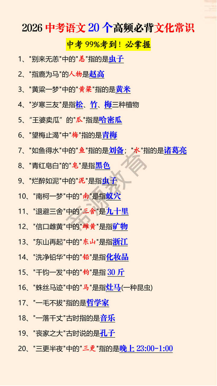 2026中考语文20个高频必背文化常识