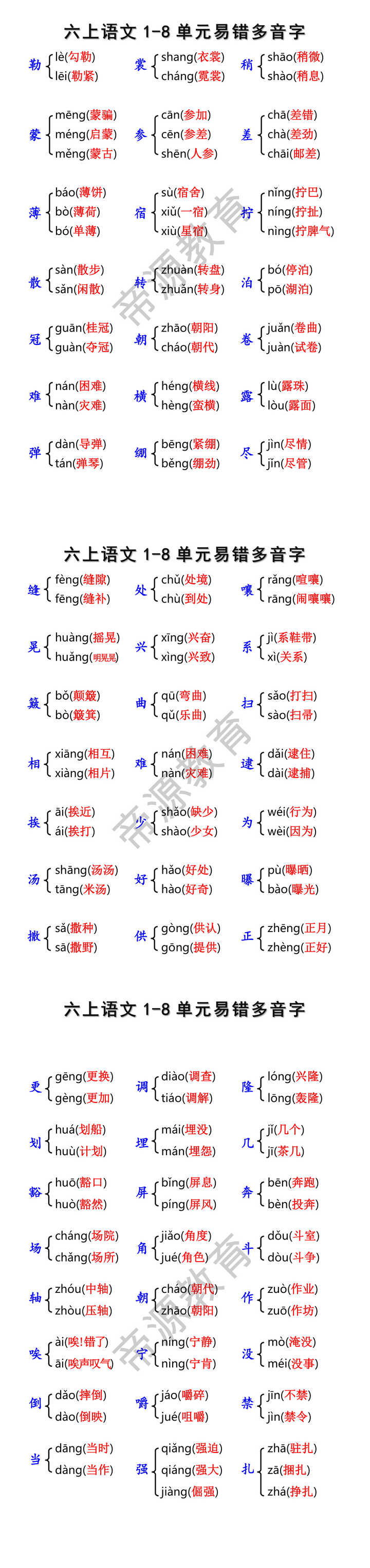 六年级上册语文1-8单元多音字总结