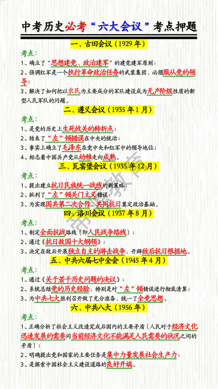 中考历史必考“六大会议”考点押题 中考历史必考“六大会议”考点押题