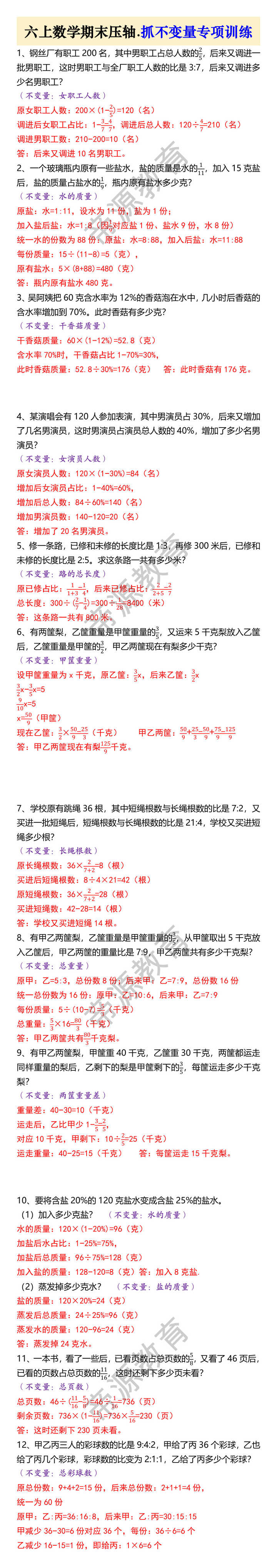 六上数学期末压轴.抓不变量专项训练