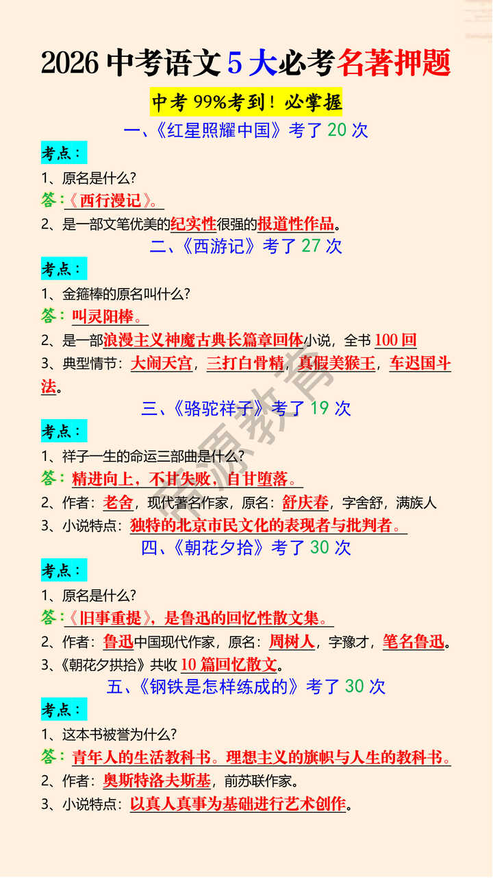 2026中考语文5大必考名著押题