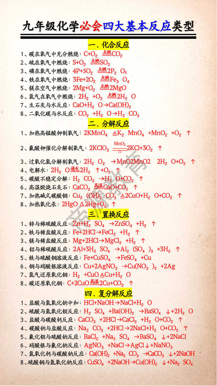 九年级化学必会四大基本反应类型