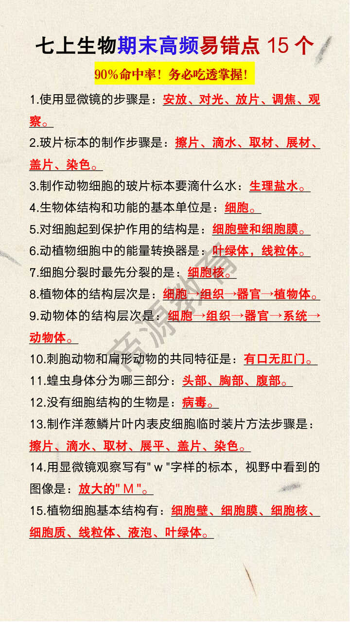 七年级上册生物期末高频易错点15个