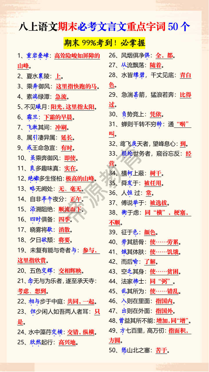 八上语文期末必考文言文重点字词50个 八上语文期末必考文言文重点字词50个