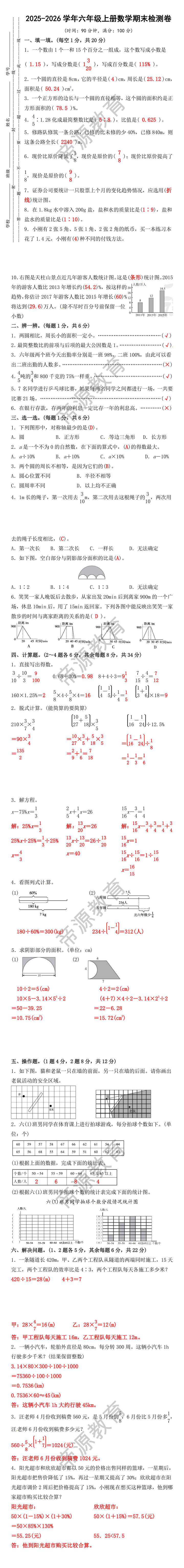 六年级上册数学期末综合质量检测卷