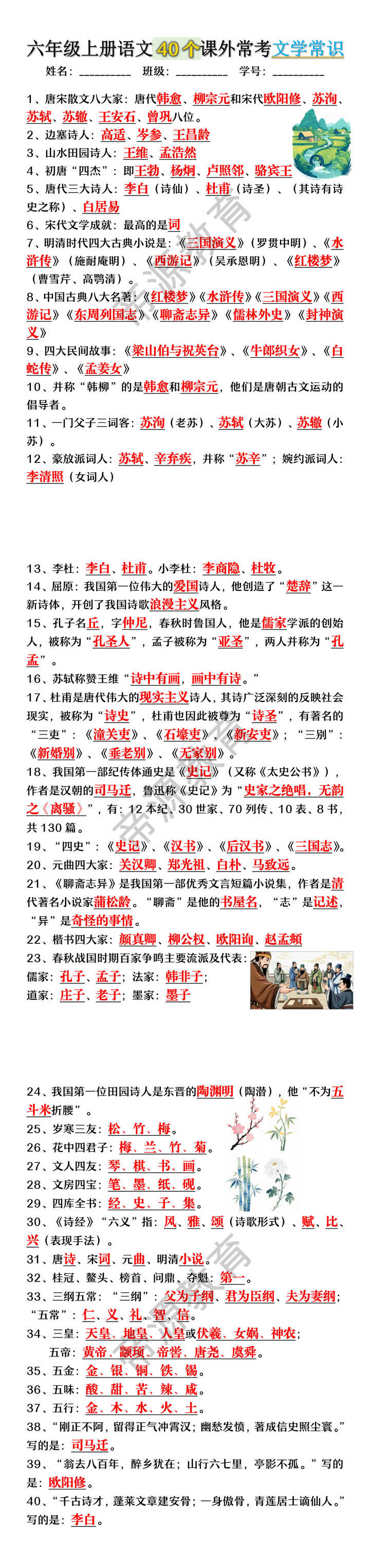 六年级上册语文40个课外常考文学常识