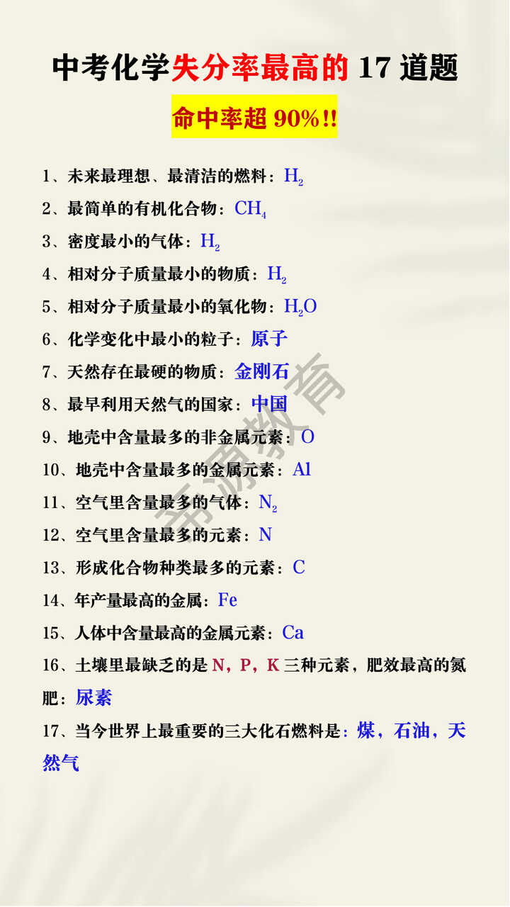中考化学失分率最高的17道题