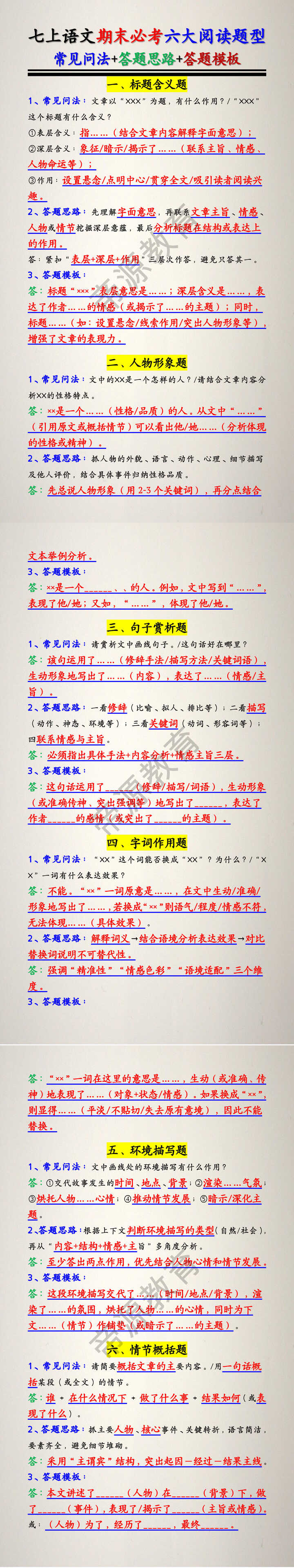 七上语文期末必考六大阅读题型