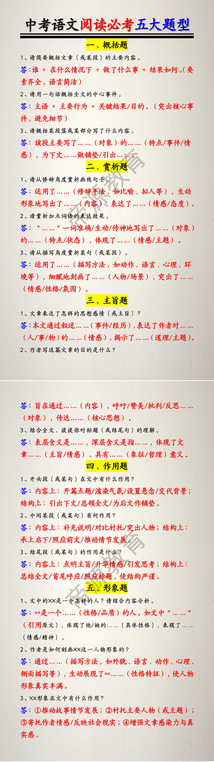 中考语文阅读必考五大题型