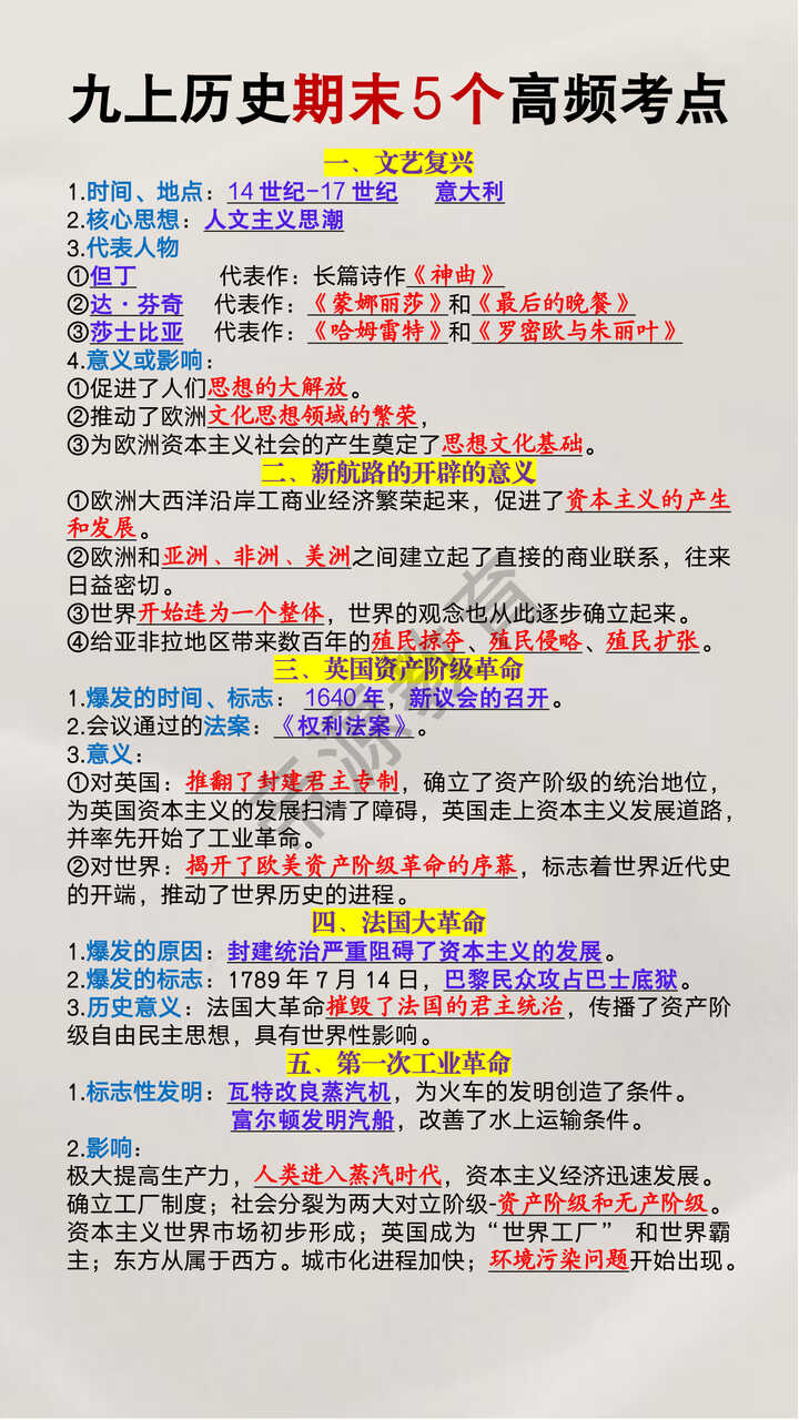九年级上册历史期末5个高频考点