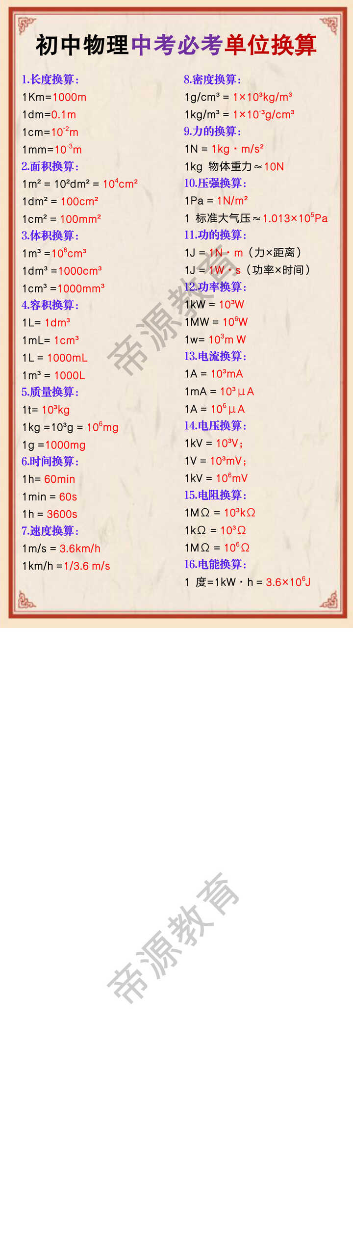 初中物理中考必考单位换算
