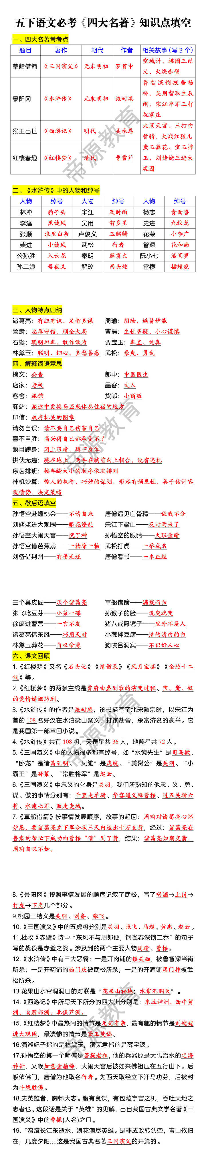 五下语文必考《四大名著》知识点填空