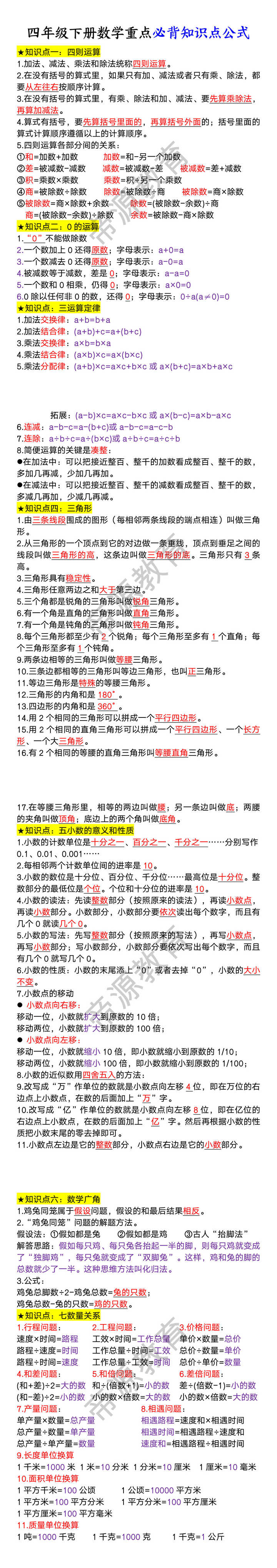 四年级下册数学重点必背知识点公式