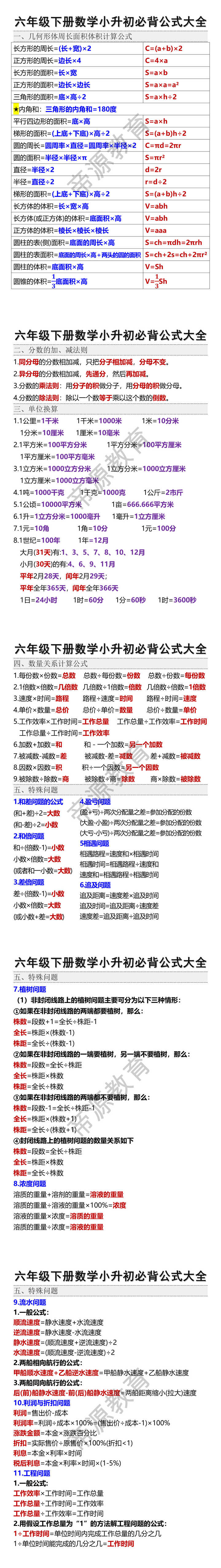 六年级下册数学小升初必背公式大全
