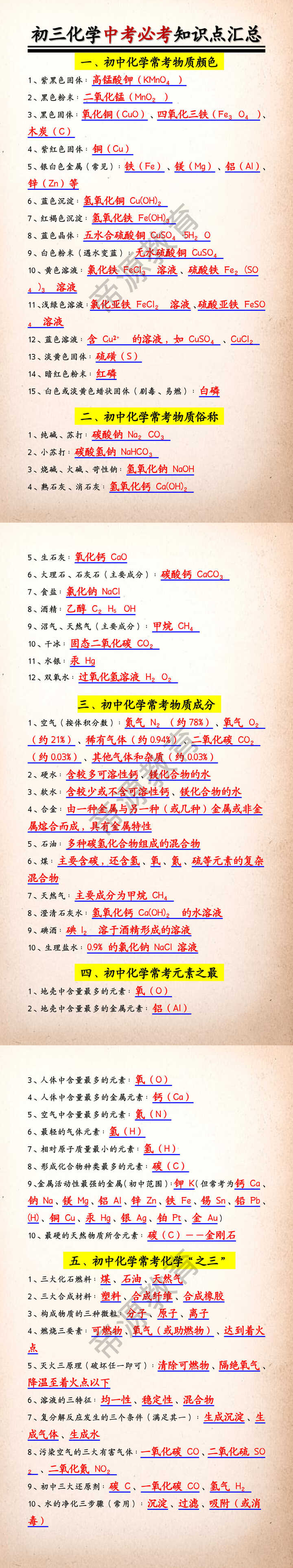 初三化学中考必考知识点汇总