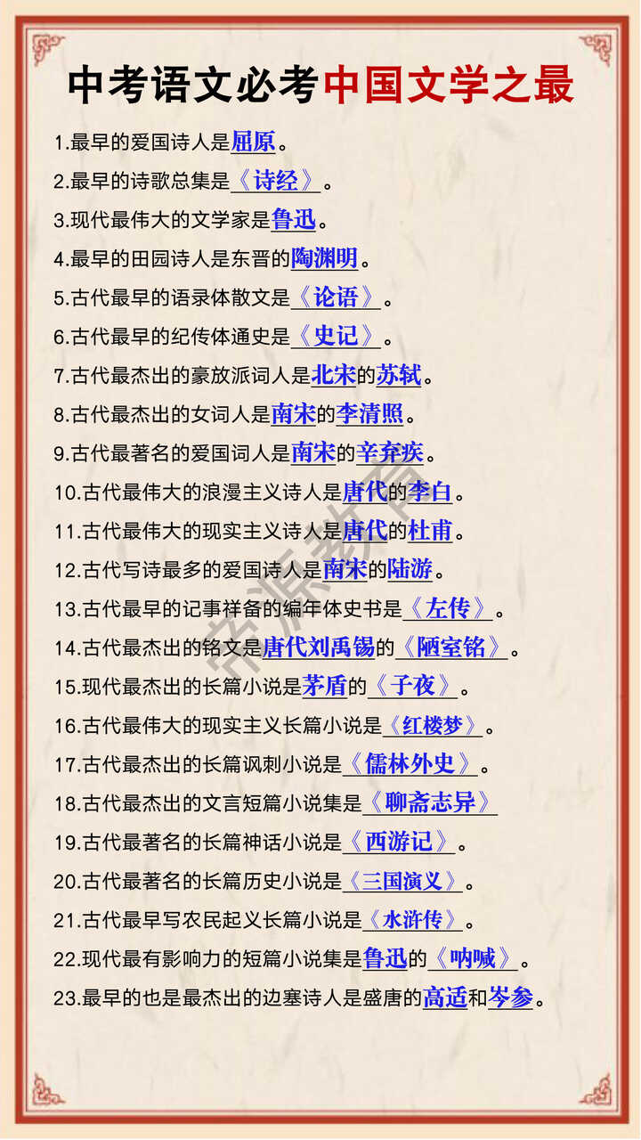 中考语文必考中国文学之最